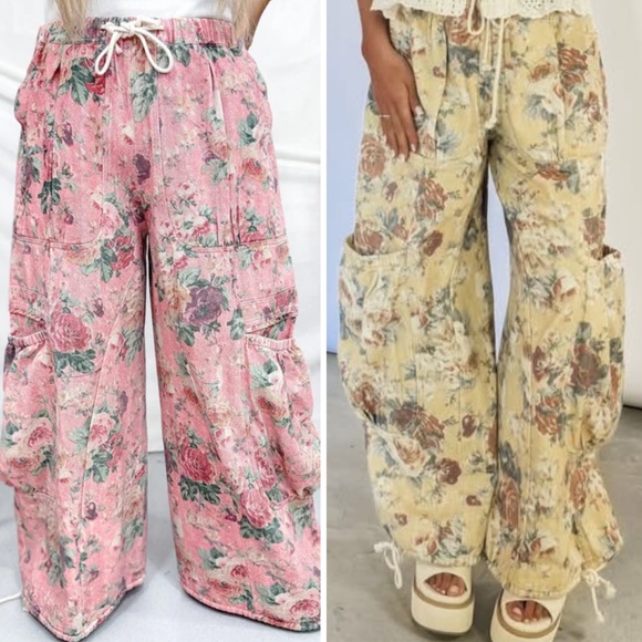 DAVI & DANI Pants - DAVI & DANI Floral Wide-Leg Cargo Pants — Pink & Yellow